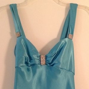 Criss Cross Back Turquoise Silky Prom Dress